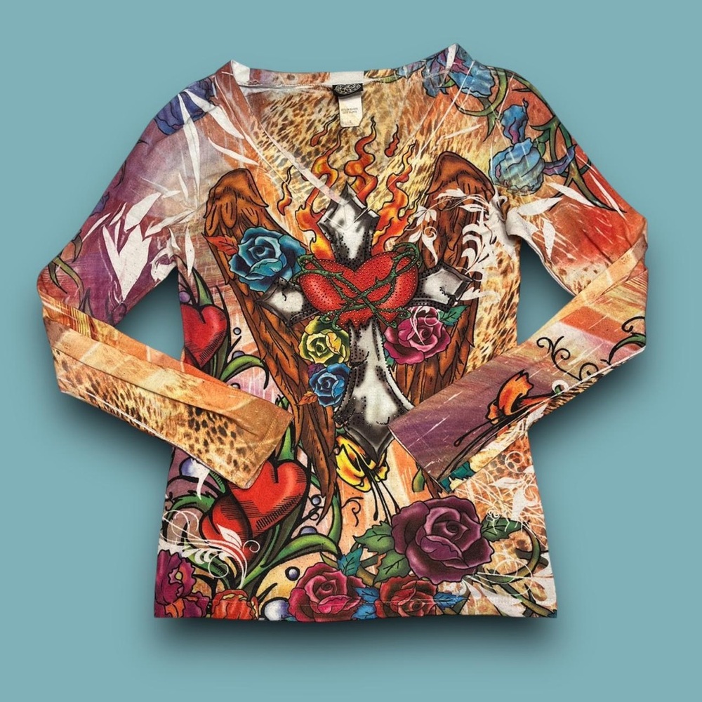 Y2K Tattoo Graphic Rhinestone Longsleeve Top Size Small Mcbling American Trad